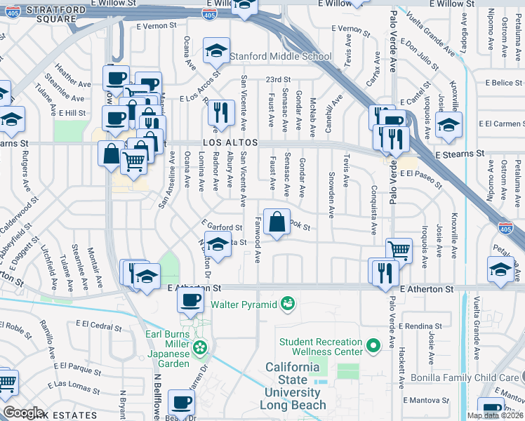 map of restaurants, bars, coffee shops, grocery stores, and more near 1940 Fanwood Avenue in Long Beach