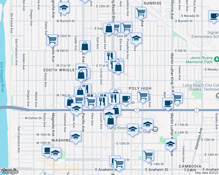 map of restaurants, bars, coffee shops, grocery stores, and more near 1945 Long Beach Boulevard in Long Beach