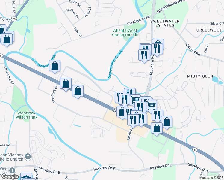 map of restaurants, bars, coffee shops, grocery stores, and more near 501 Westpark Place in Lithia Springs