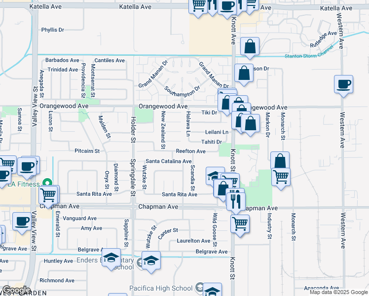 map of restaurants, bars, coffee shops, grocery stores, and more near 6731 Reefton Avenue in Cypress