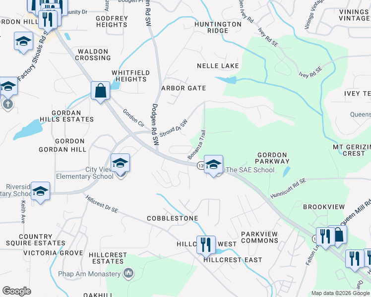 map of restaurants, bars, coffee shops, grocery stores, and more near 6633 Mableton Parkway Southwest in Mableton