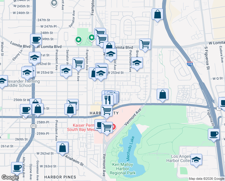 map of restaurants, bars, coffee shops, grocery stores, and more near 1110 255th Street West in Los Angeles