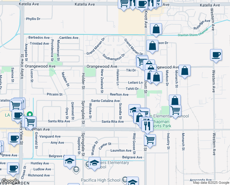 map of restaurants, bars, coffee shops, grocery stores, and more near 6731 Reefton Avenue in Cypress