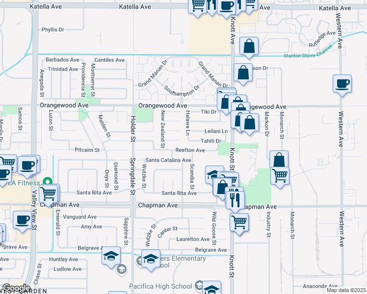 map of restaurants, bars, coffee shops, grocery stores, and more near 6731 Reefton Avenue in Cypress