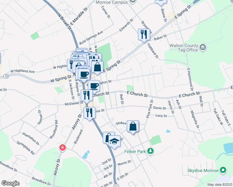 map of restaurants, bars, coffee shops, grocery stores, and more near 308 Colley Street in Monroe