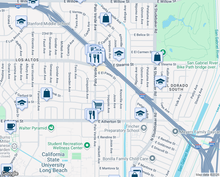 map of restaurants, bars, coffee shops, grocery stores, and more near 2010 Iroquois Avenue in Long Beach