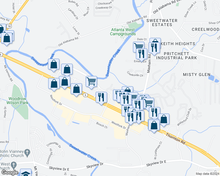 map of restaurants, bars, coffee shops, grocery stores, and more near 505 Westpark Place in Lithia Springs