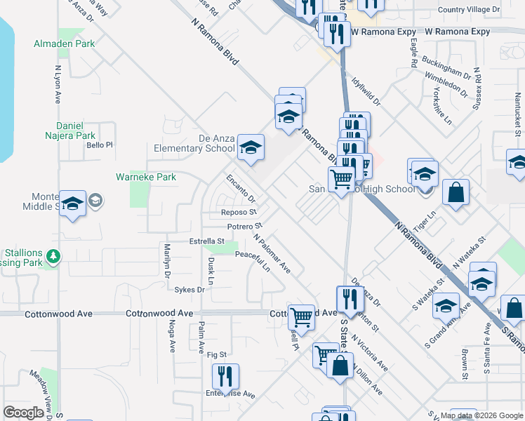 map of restaurants, bars, coffee shops, grocery stores, and more near 405 Potrero Street in San Jacinto