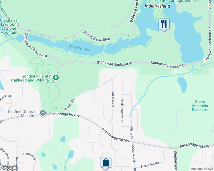 map of restaurants, bars, coffee shops, grocery stores, and more near 550 Stonewood Drive in Stone Mountain