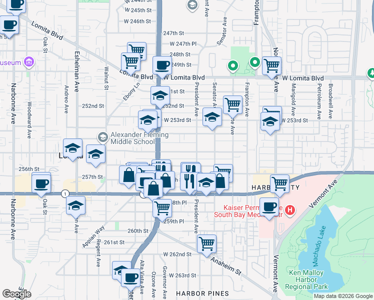 map of restaurants, bars, coffee shops, grocery stores, and more near 1623 255th Street West in Los Angeles