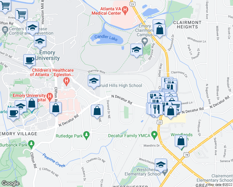 map of restaurants, bars, coffee shops, grocery stores, and more near 1926 North Decatur Road in Atlanta