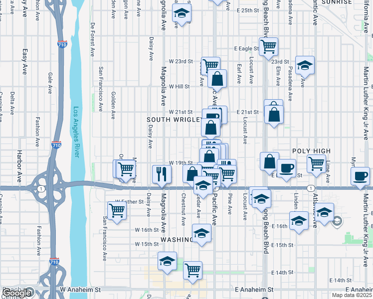 map of restaurants, bars, coffee shops, grocery stores, and more near 1950 Chestnut Avenue in Long Beach