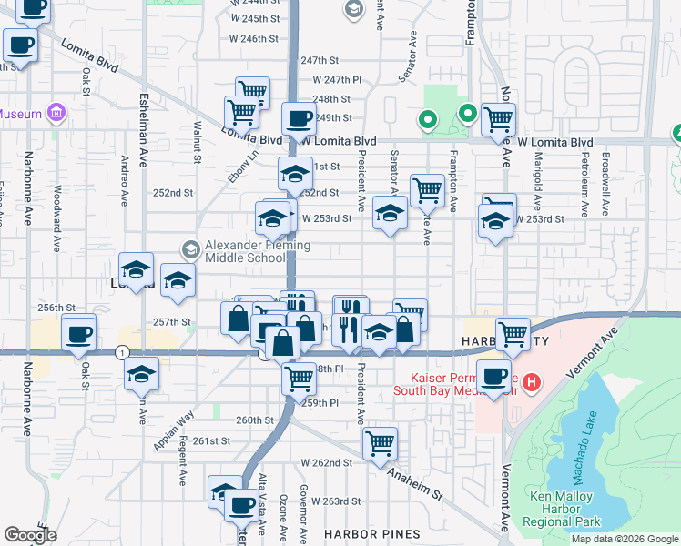 map of restaurants, bars, coffee shops, grocery stores, and more near 1629 255th Street West in Los Angeles