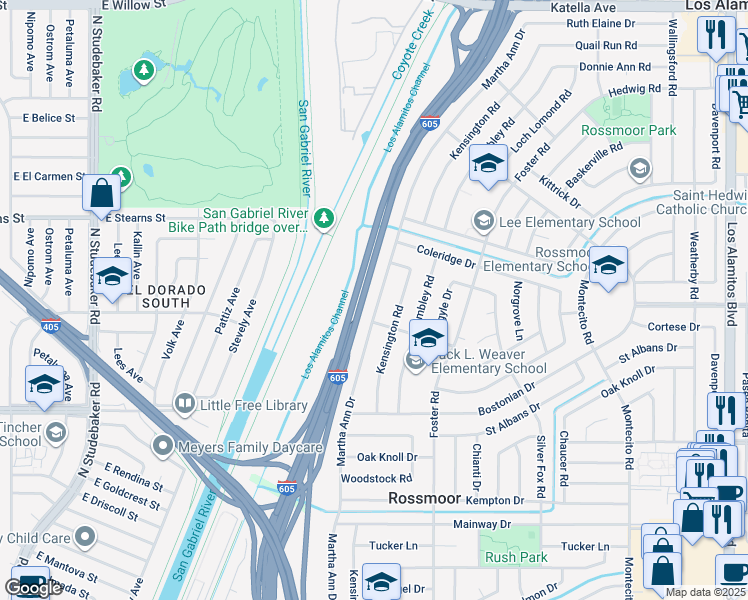 map of restaurants, bars, coffee shops, grocery stores, and more near 11721 Martha Ann Drive in Rossmoor