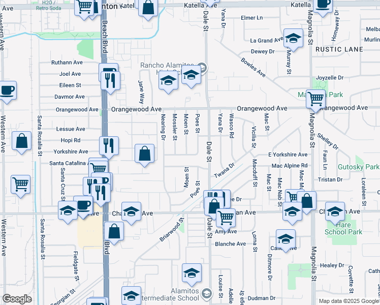 map of restaurants, bars, coffee shops, grocery stores, and more near 11692 Moen Street in Anaheim