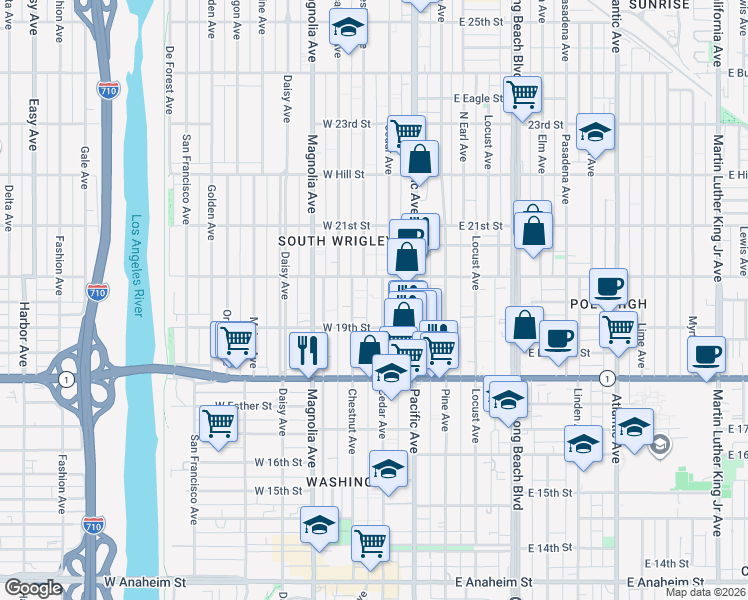 map of restaurants, bars, coffee shops, grocery stores, and more near 1951 Cedar Avenue in Long Beach