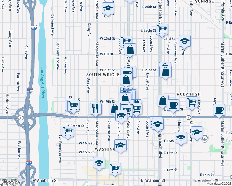 map of restaurants, bars, coffee shops, grocery stores, and more near 1951 Cedar Avenue in Long Beach