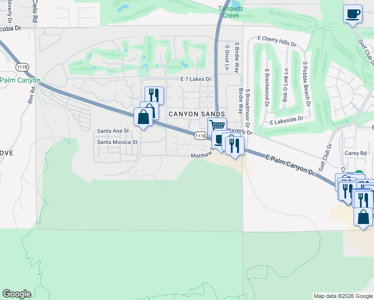 map of restaurants, bars, coffee shops, grocery stores, and more near 4143-4183 Matthew Dr in Palm Springs