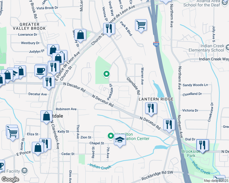 map of restaurants, bars, coffee shops, grocery stores, and more near 3451 Park Pointe Circle in Scottdale