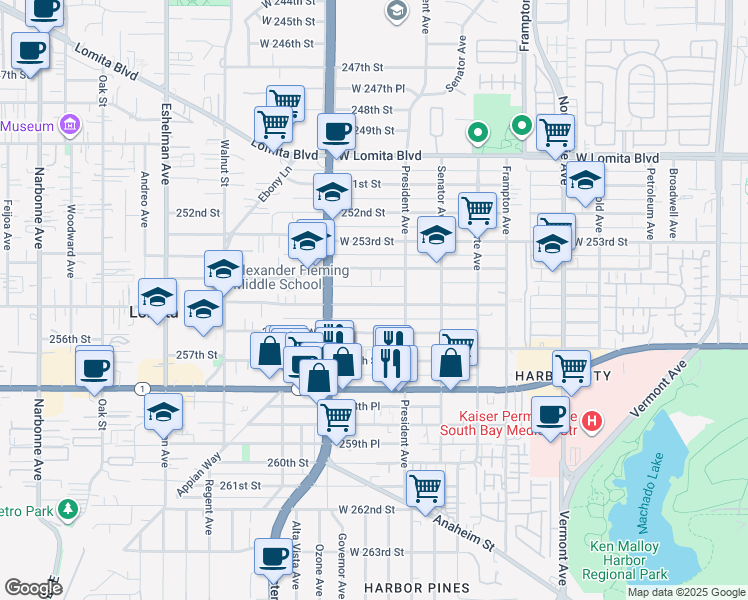 map of restaurants, bars, coffee shops, grocery stores, and more near 1609 256th Street in Los Angeles