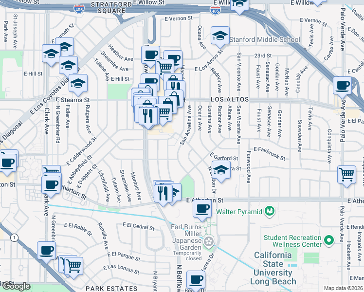 map of restaurants, bars, coffee shops, grocery stores, and more near 2036 San Anseline Avenue in Long Beach