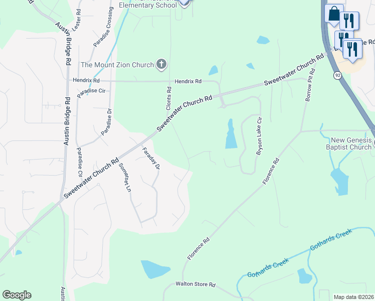 map of restaurants, bars, coffee shops, grocery stores, and more near 179 Deering Drive in Douglasville