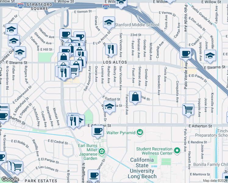 map of restaurants, bars, coffee shops, grocery stores, and more near 5861 East Fairbrook Street in Long Beach