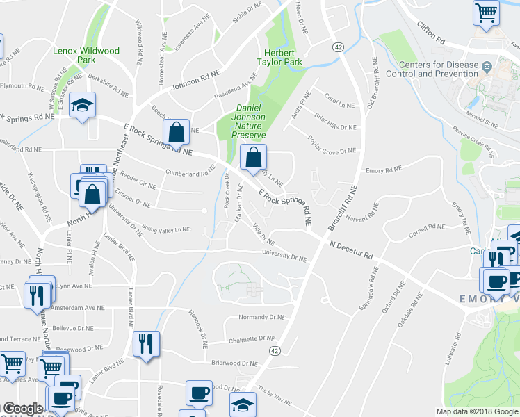 map of restaurants, bars, coffee shops, grocery stores, and more near 570 Rock Springs Place Northeast in Atlanta