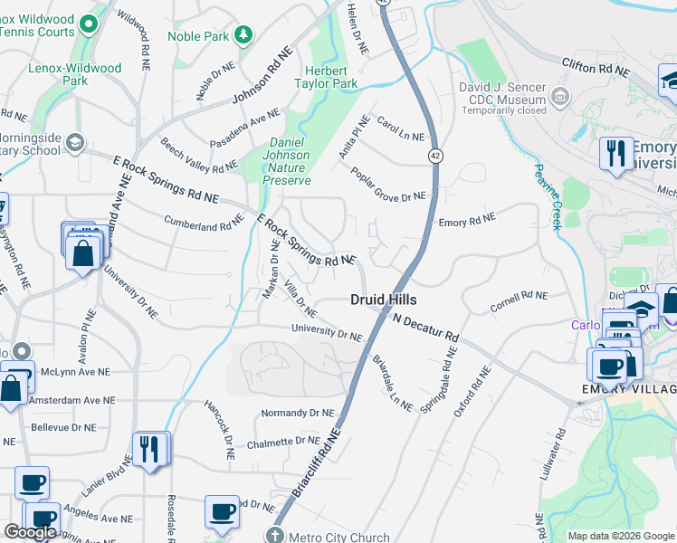 map of restaurants, bars, coffee shops, grocery stores, and more near 550 Rock Springs Court Northeast in Atlanta
