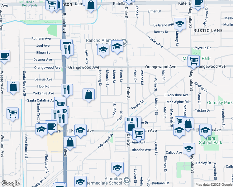 map of restaurants, bars, coffee shops, grocery stores, and more near 11692 Moen Street in Anaheim