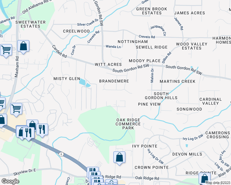 map of restaurants, bars, coffee shops, grocery stores, and more near 6711 Oak Ridge Commerce Way in Austell