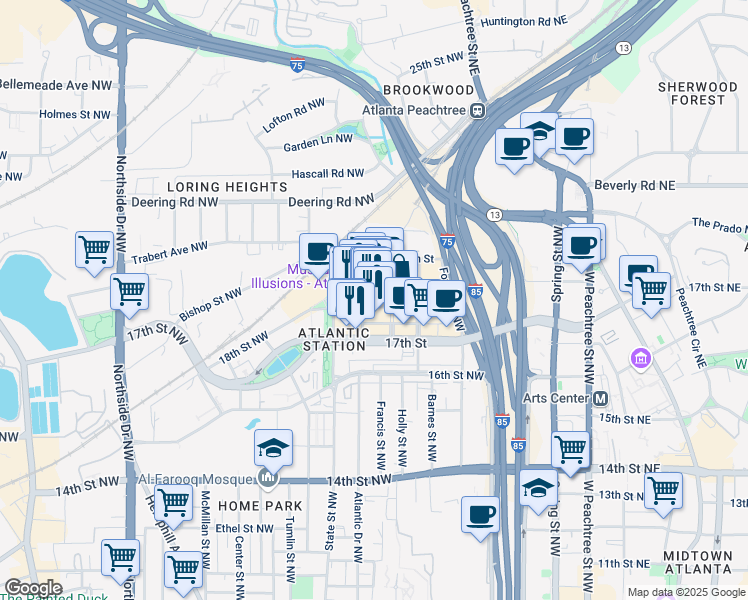 map of restaurants, bars, coffee shops, grocery stores, and more near 260 18th Street Northwest in Atlanta