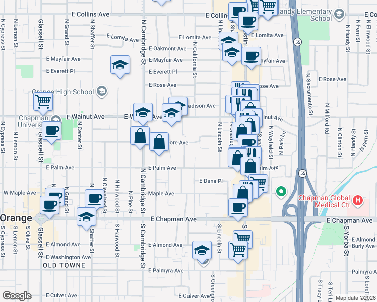 map of restaurants, bars, coffee shops, grocery stores, and more near 365 North Magnolia Street in Orange