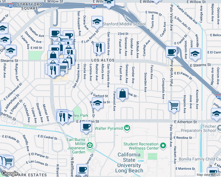 map of restaurants, bars, coffee shops, grocery stores, and more near 2038 San Vicente Avenue in Long Beach