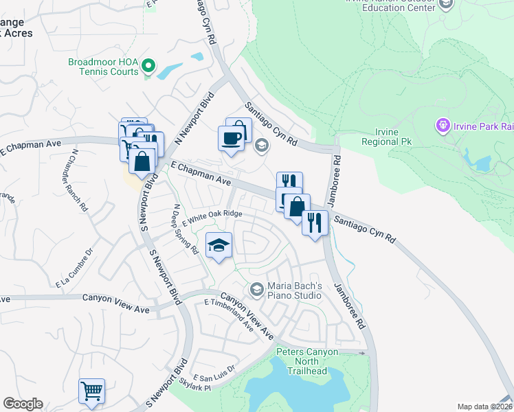 map of restaurants, bars, coffee shops, grocery stores, and more near East Oak Lane in Orange