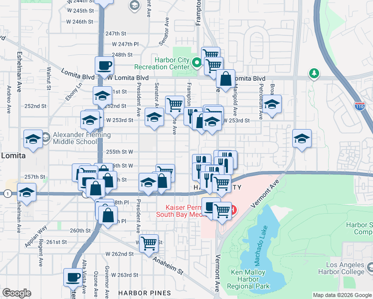map of restaurants, bars, coffee shops, grocery stores, and more near 25519 Frampton Avenue in Los Angeles