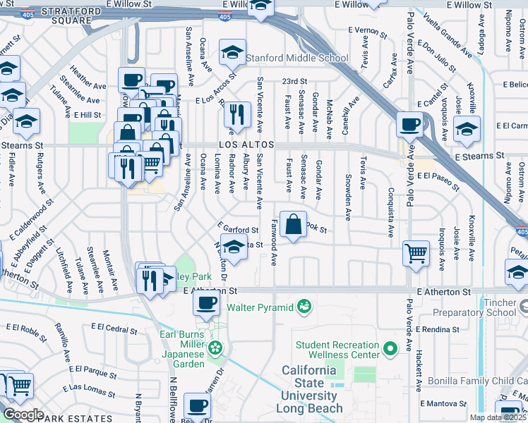 map of restaurants, bars, coffee shops, grocery stores, and more near 2038 San Vicente Avenue in Long Beach