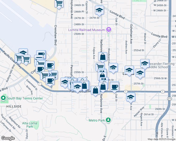 map of restaurants, bars, coffee shops, grocery stores, and more near 2273 255th Street in Lomita