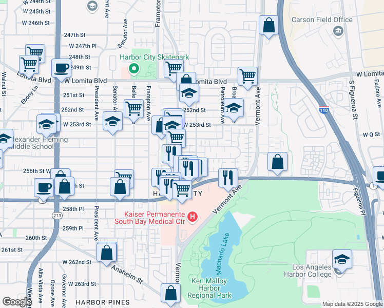 map of restaurants, bars, coffee shops, grocery stores, and more near 1110 255th Street West in Los Angeles