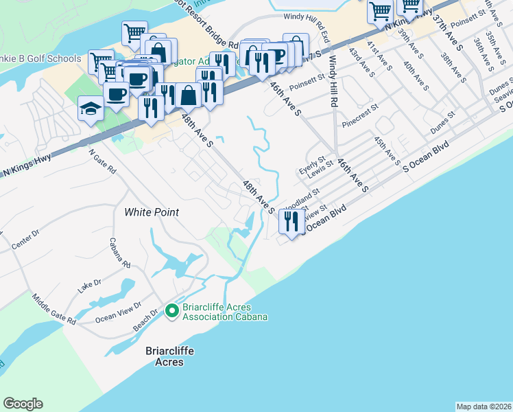 map of restaurants, bars, coffee shops, grocery stores, and more near 4727 Harmony Lane in North Myrtle Beach
