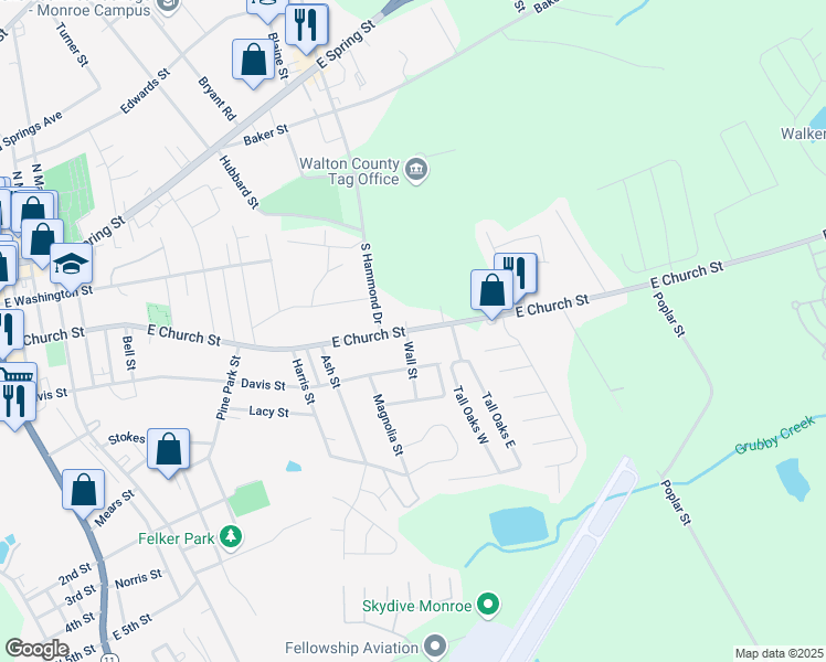 map of restaurants, bars, coffee shops, grocery stores, and more near 1000 East Church Street in Monroe