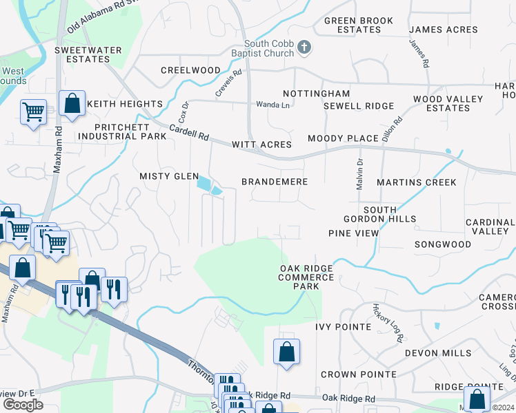 map of restaurants, bars, coffee shops, grocery stores, and more near 1793 Brandemere Drive Southwest in Austell