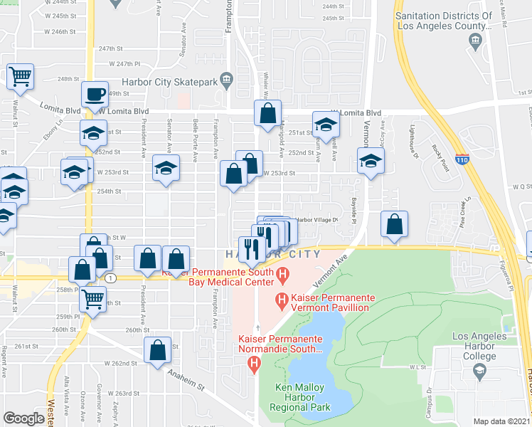 map of restaurants, bars, coffee shops, grocery stores, and more near 1126 255th Street West in Los Angeles