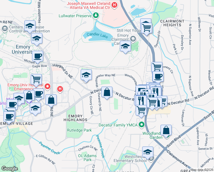 map of restaurants, bars, coffee shops, grocery stores, and more near in Druid Hills