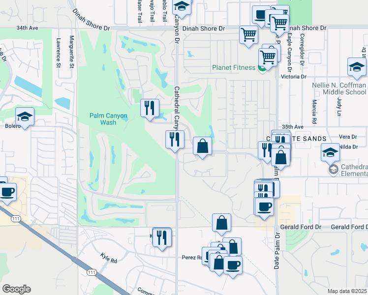 map of restaurants, bars, coffee shops, grocery stores, and more near 35200 Cathedral Canyon Drive in Cathedral City