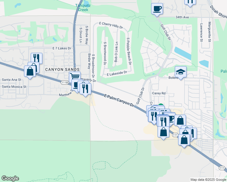 map of restaurants, bars, coffee shops, grocery stores, and more near 5285 East Waverly Drive in Palm Springs