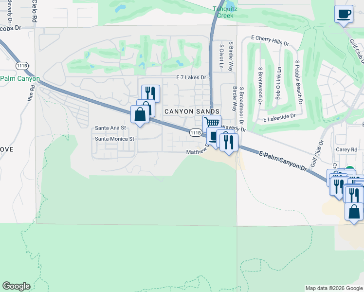 map of restaurants, bars, coffee shops, grocery stores, and more near 4143-4183 Matthew Dr in Palm Springs