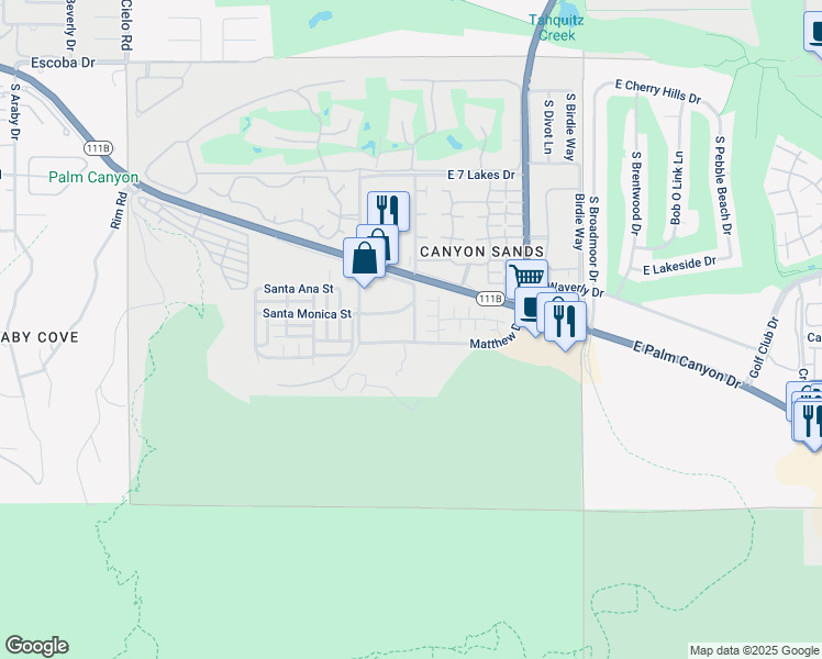 map of restaurants, bars, coffee shops, grocery stores, and more near 4143 Matthew Drive in Palm Springs