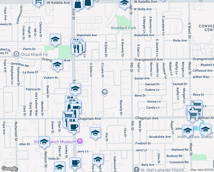 map of restaurants, bars, coffee shops, grocery stores, and more near 2264 South Loara Street in Anaheim