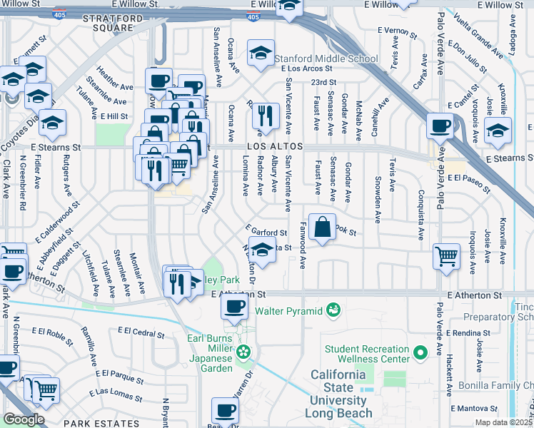 map of restaurants, bars, coffee shops, grocery stores, and more near 5811 East Garford Street in Long Beach